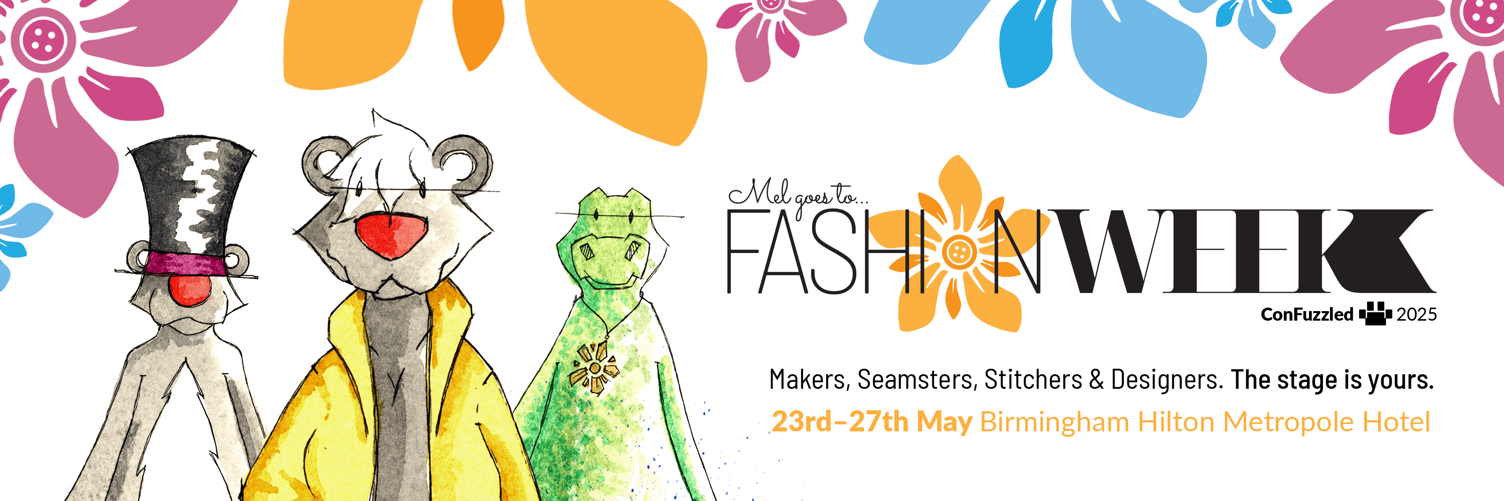 ConFuzzled 2025 banner: Mel goes to FASHION WEEK.